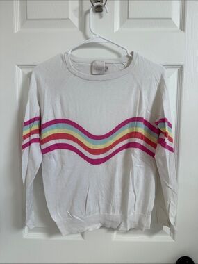 Brodie Cashmere White Crewneck with Pink, Yellow, Mint & Light Blue Waves
